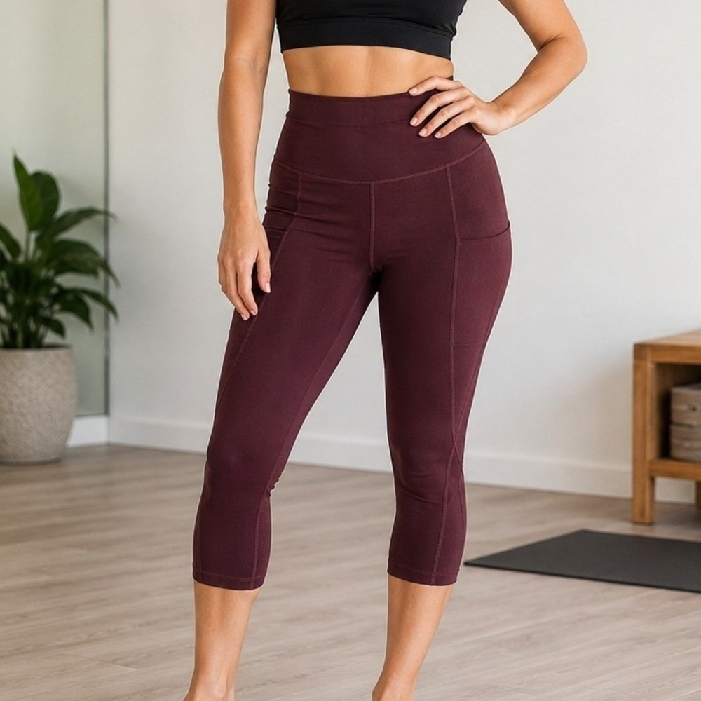 NWT Ododos Capri Leggings Womens XL Burgundy High Waist Tummy Control Athletic